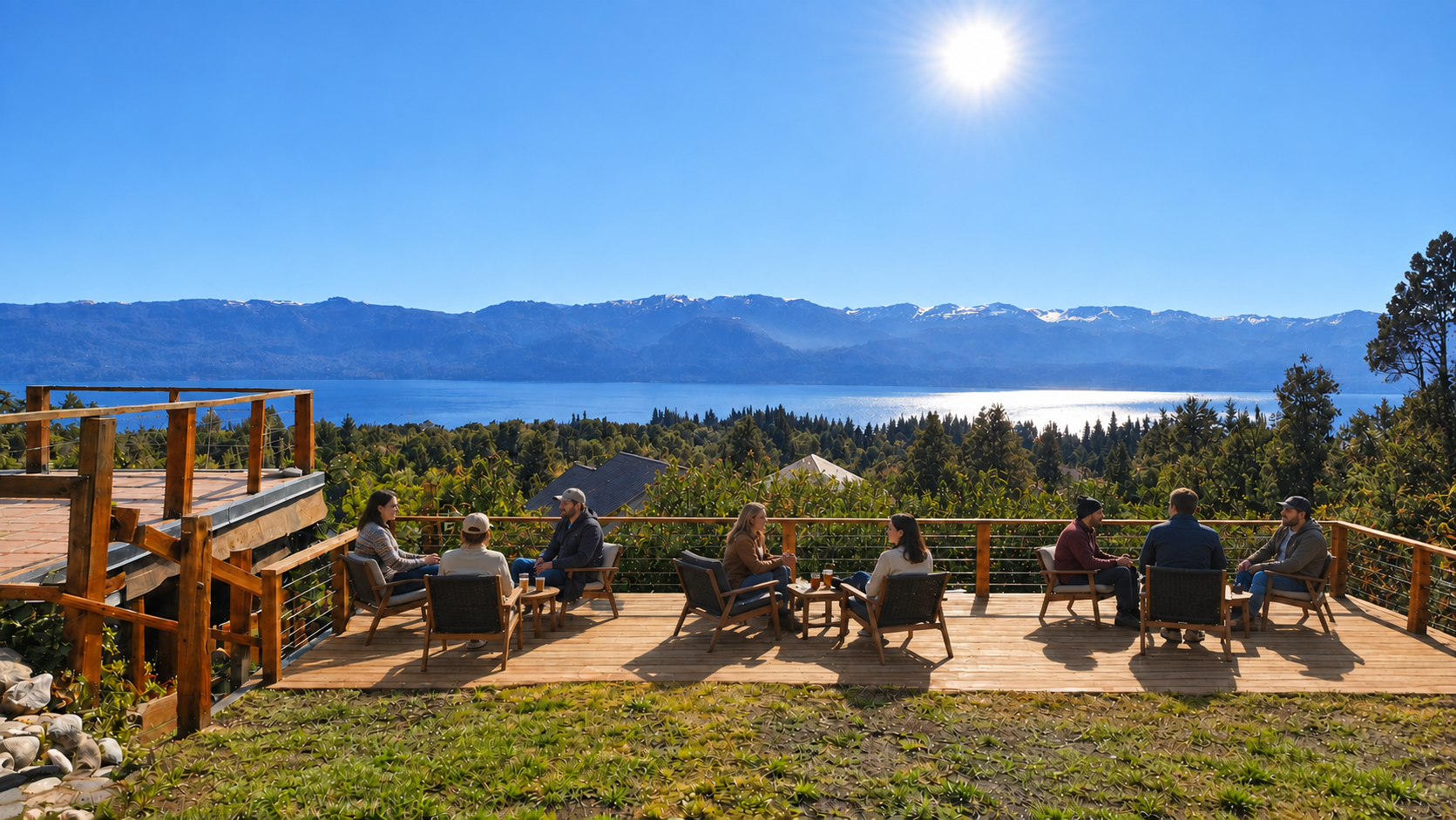 Personas compartiendo en un balcón con vista panorámica al lago Traful